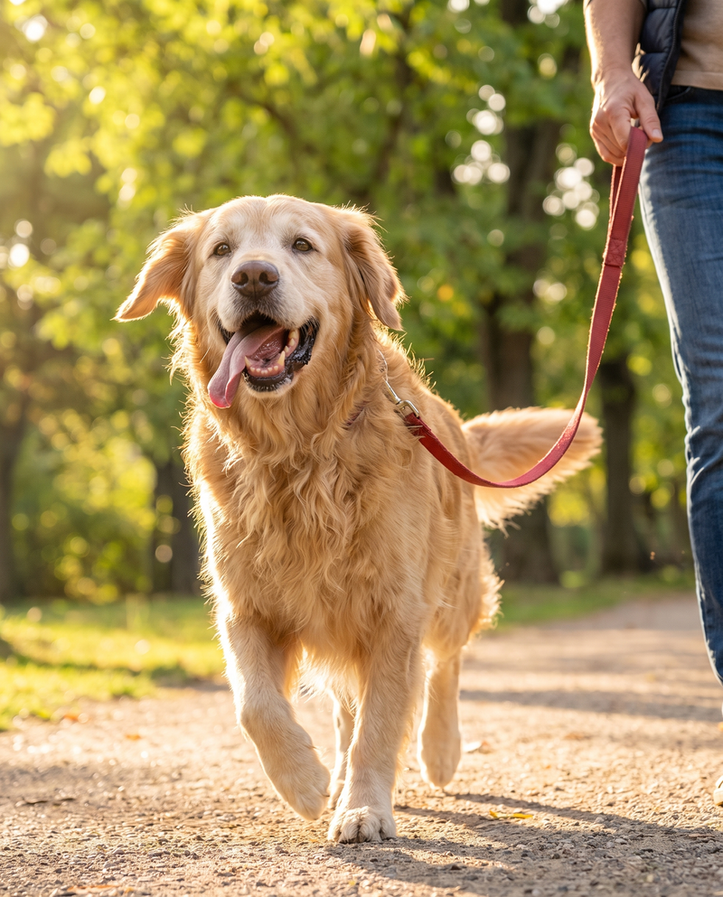 Golden retriever senior plein de vitalité pendant sa promenade au parc