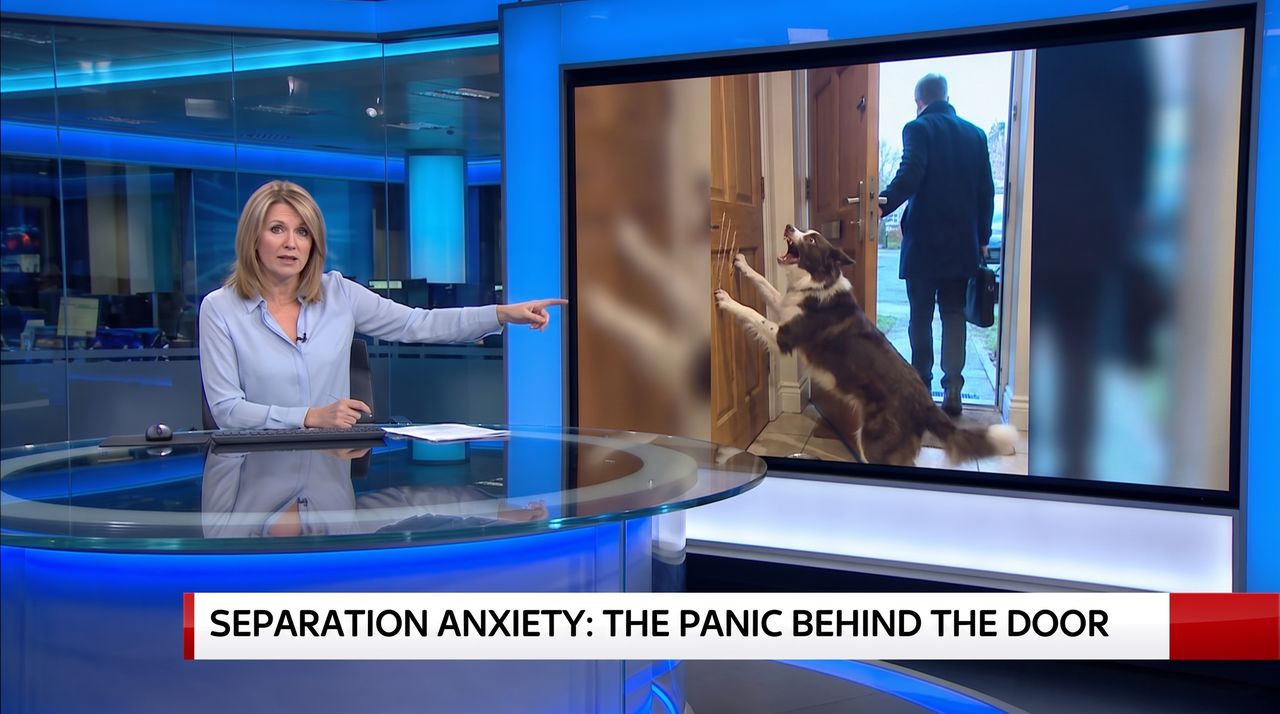 TV news presenter pointing at footage of a dog panicking and barking at the front door as its owner leaves for work