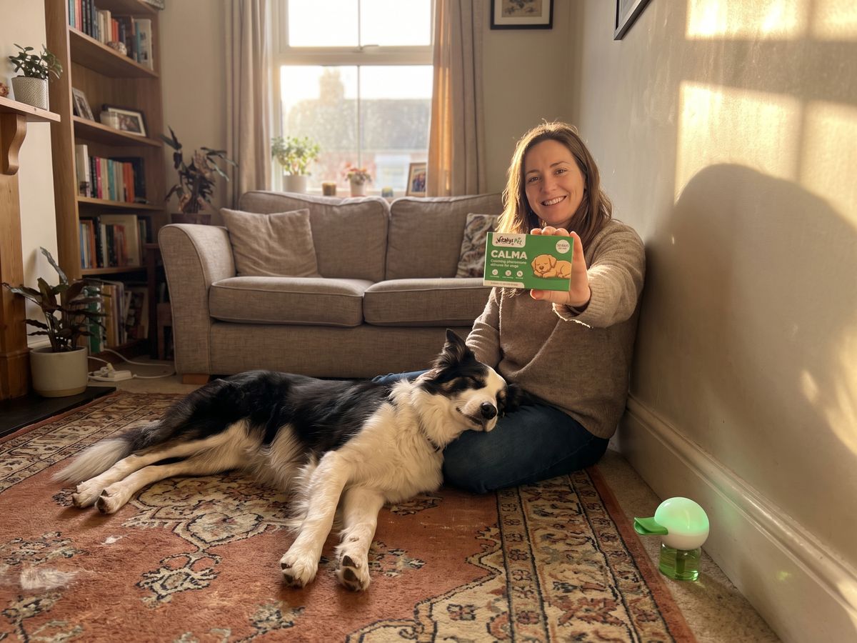 Dog owner at home with her Border Collie asleep beside her and the Vitalys Calma kit