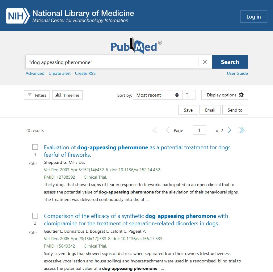 PubMed search results for dog appeasing pheromone