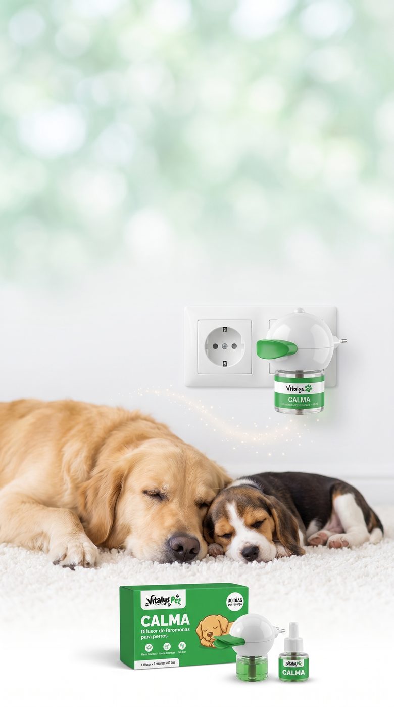 Dos perros durmiendo tranquilos junto al difusor Vitalys Calma