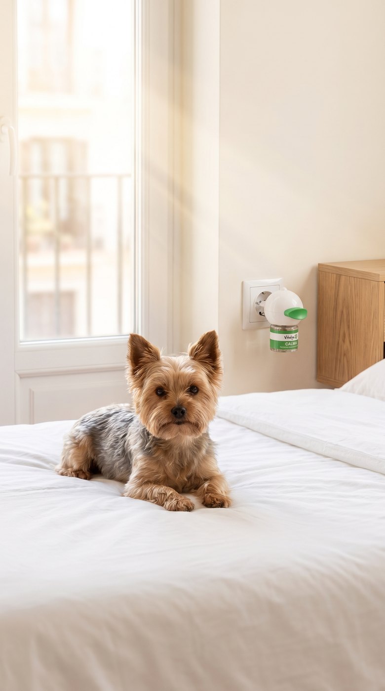 Perro pequeño tranquilo sobre una cama con sábanas limpias, junto al difusor Vitalys Calma