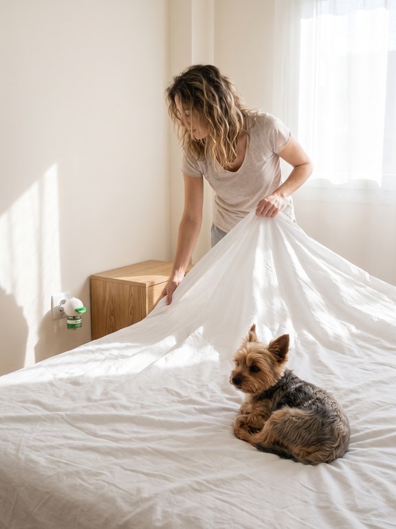 Dueña haciendo la cama con sábanas limpias mientras su perro descansa tranquilo junto al difusor Vitalys Calma