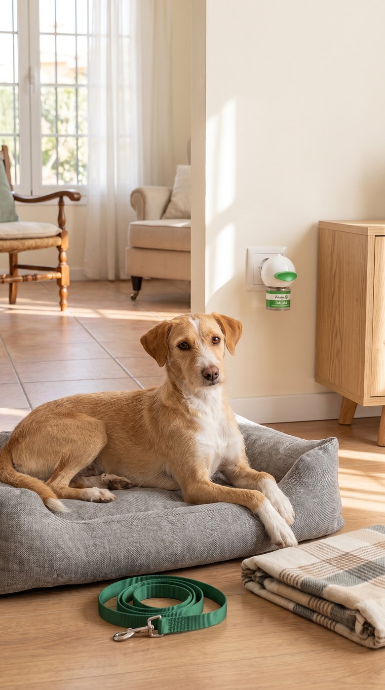 Perro adoptado tranquilo en su cama nueva junto al difusor Vitalys Calma