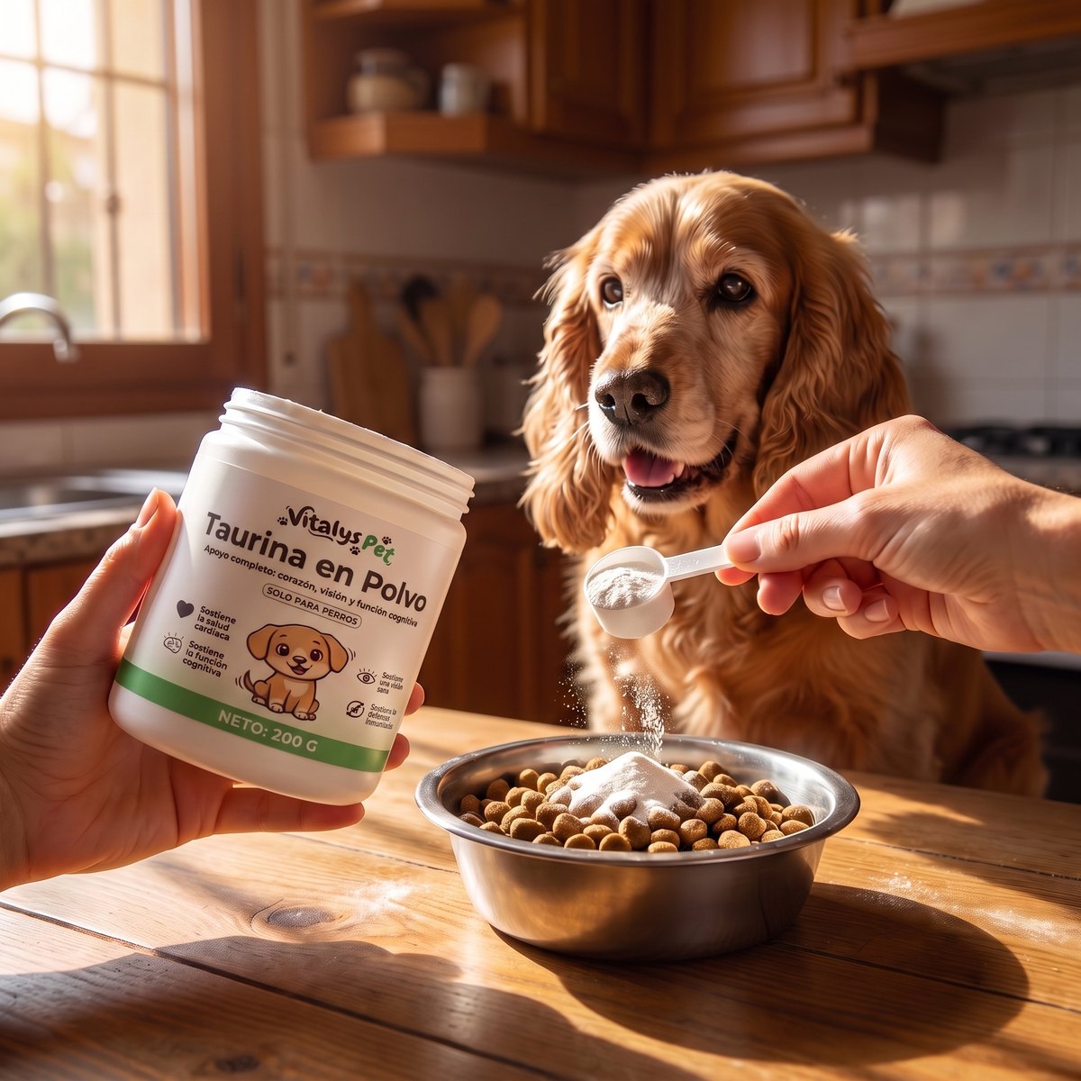 Cuchara de taurina en polvo sobre el pienso, el cocker esperando
