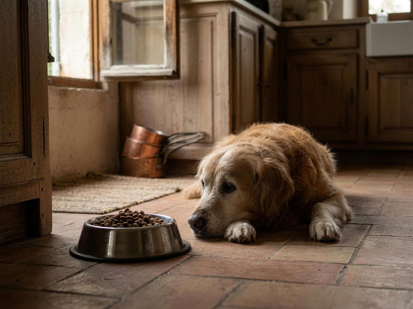 Golden Retriever senior couché sur le sol de la cuisine, ignorant sa gamelle pleine de croquettes