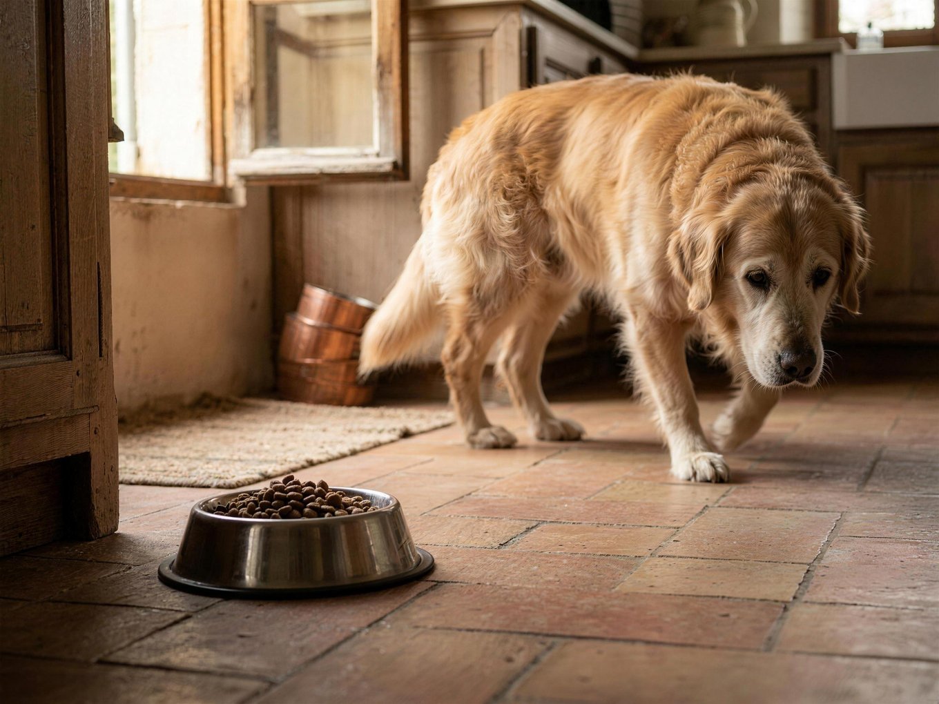 Golden Retriever senior s'éloignant de sa gamelle pleine, tête basse