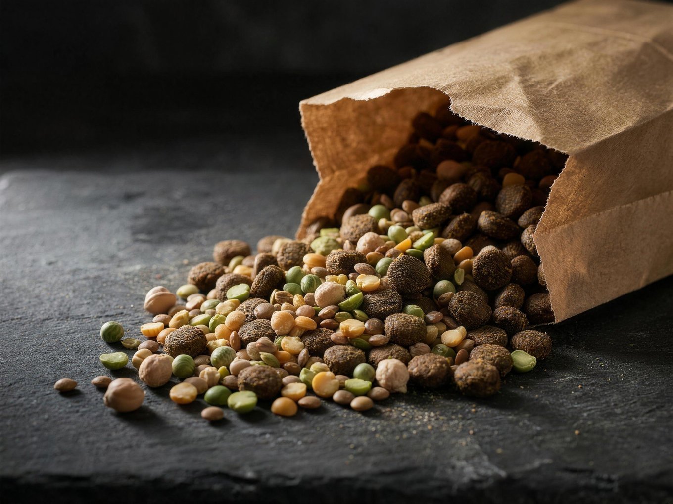 Croquettes sans céréales renversées d'un sac, mêlées à des pois secs, lentilles et pois chiches
