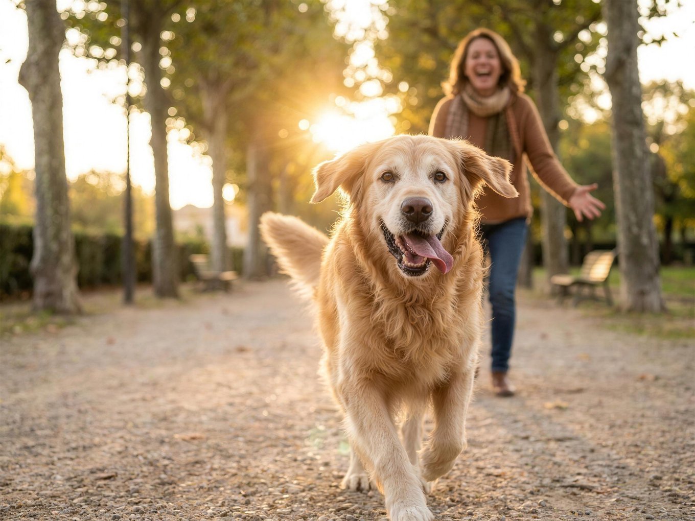 Golden Retriever senior courant joyeusement vers l'objectif dans un parc au soleil couchant, sa maîtresse riant derrière
