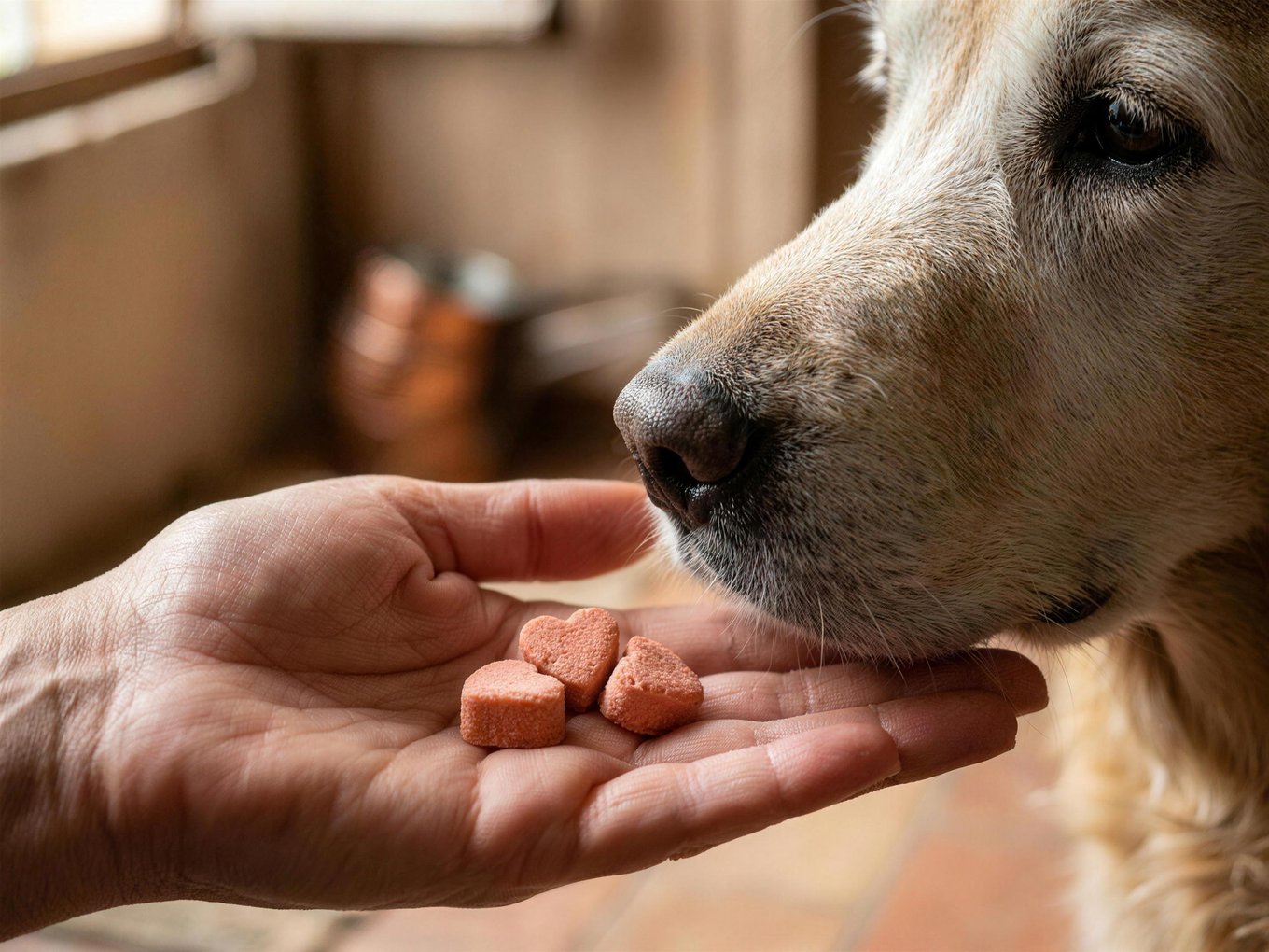 Main tendant des bouchées en forme de cœur à un Golden Retriever senior qui les renifle avec envie