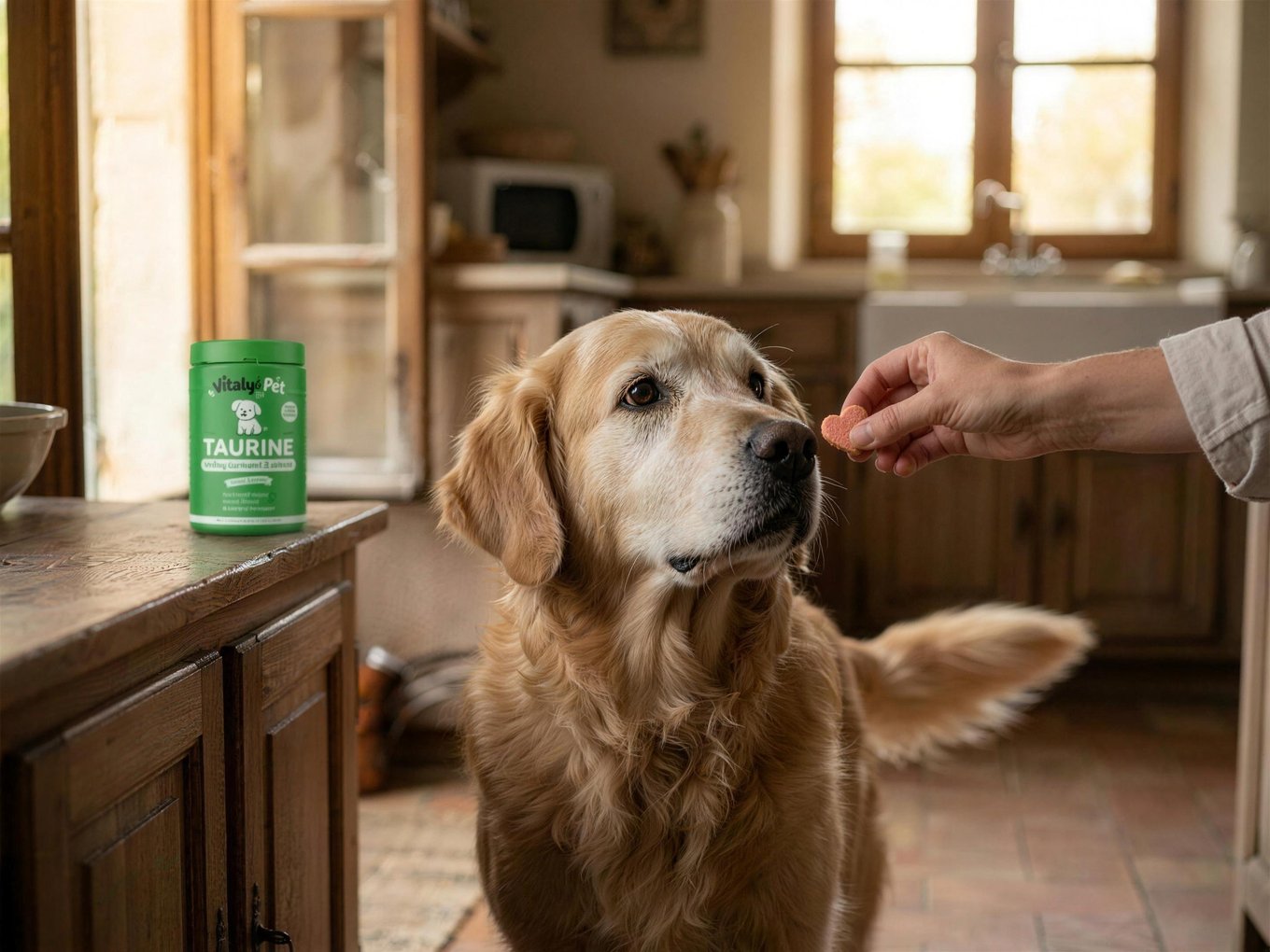 Golden Retriever senior assis dans la cuisine recevant sa bouchée en forme de cœur, pot Vitalys Taurine sur le plan de travail