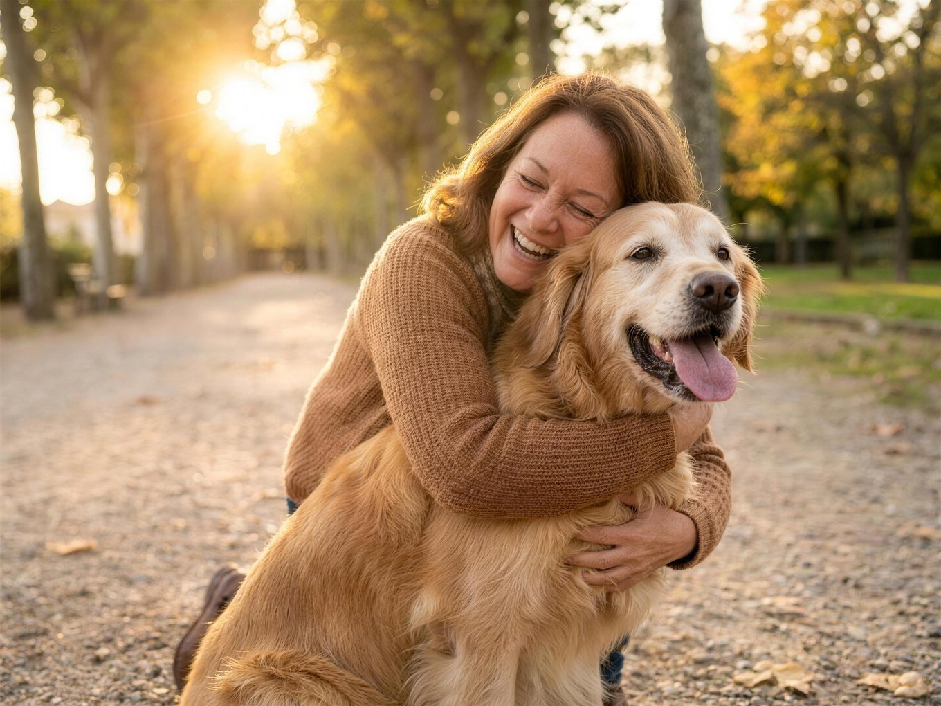 Claire serrant Léo, son Golden Retriever senior, dans un parc au coucher du soleil