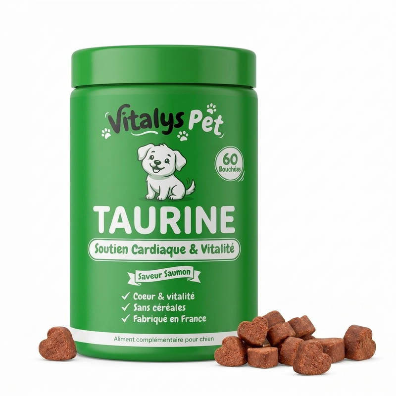 Bouchées Vitalys Taurine en forme de cœur, saveur saumon, avec leur pot vert