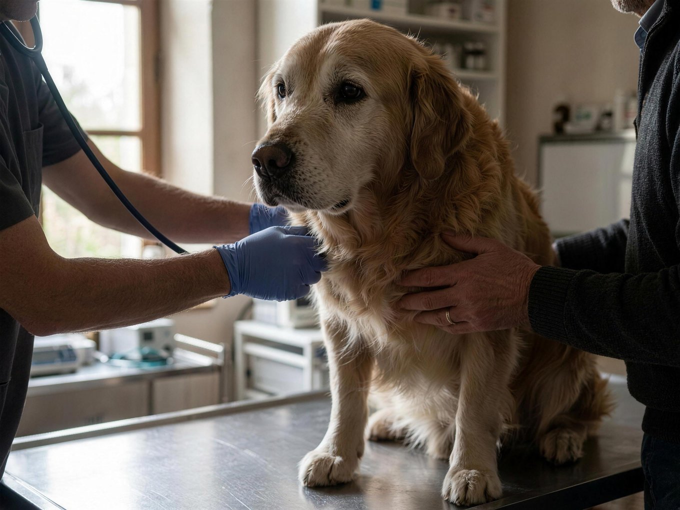 Chien senior sur la table d'examen, stéthoscope posé sur le poitrail, main du maître sur son épaule