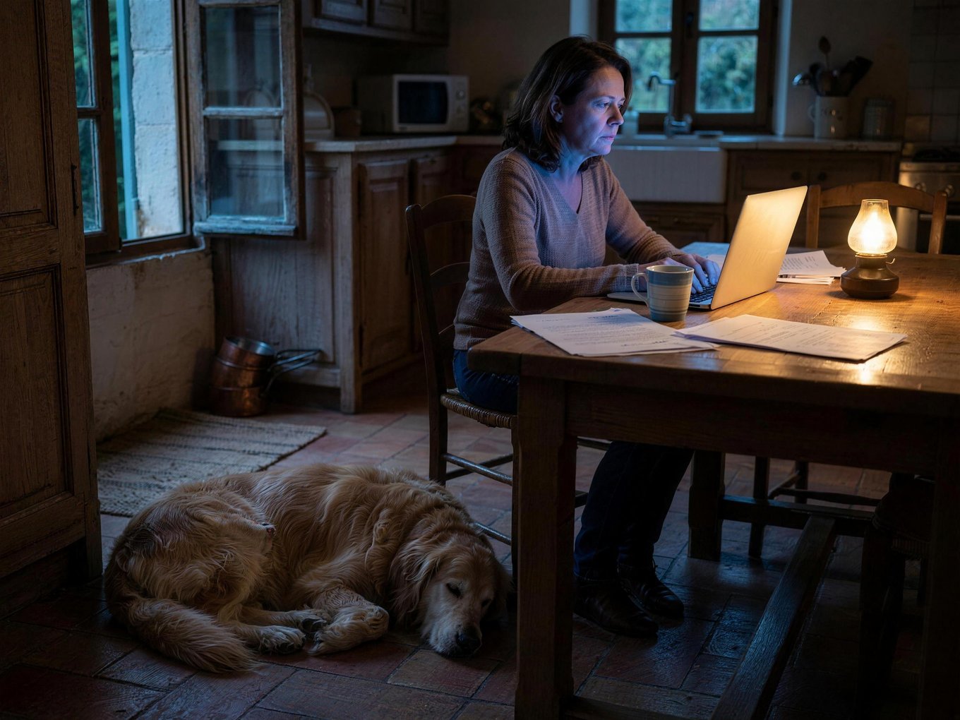 Personne consultant son téléphone tard le soir, chien senior endormi à ses pieds