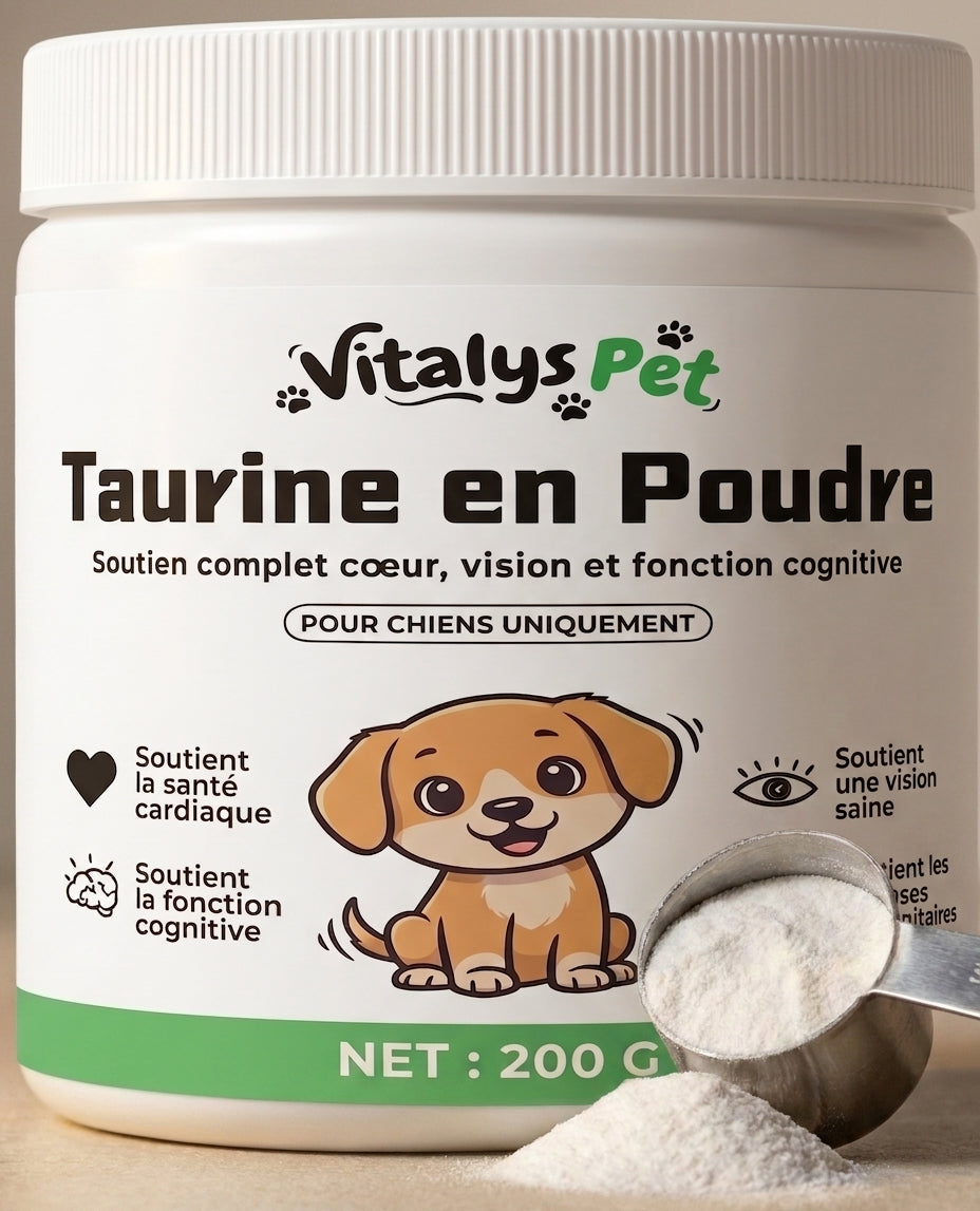Pot de Vitalys Taurine en poudre et cuillère doseuse remplie de poudre blanche
