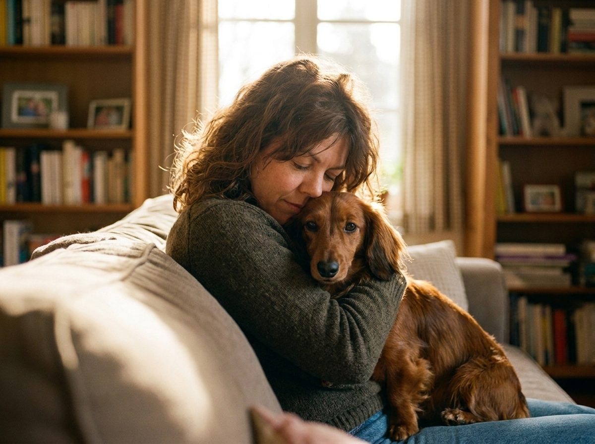 Une femme serre son teckel contre elle, entre tendresse et inquiétude