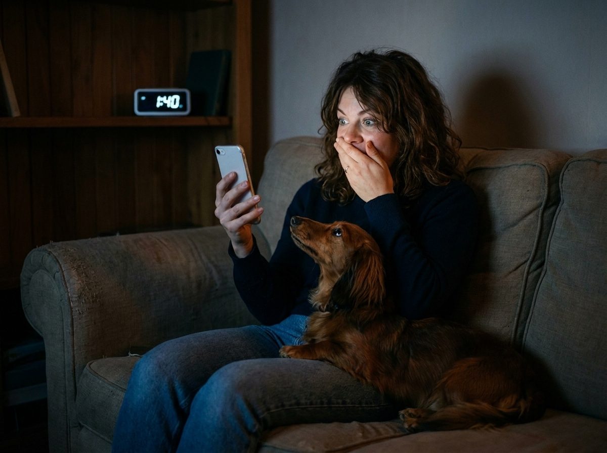 Une femme découvre quelque chose sur son téléphone à 1h40 du matin, son teckel à ses côtés