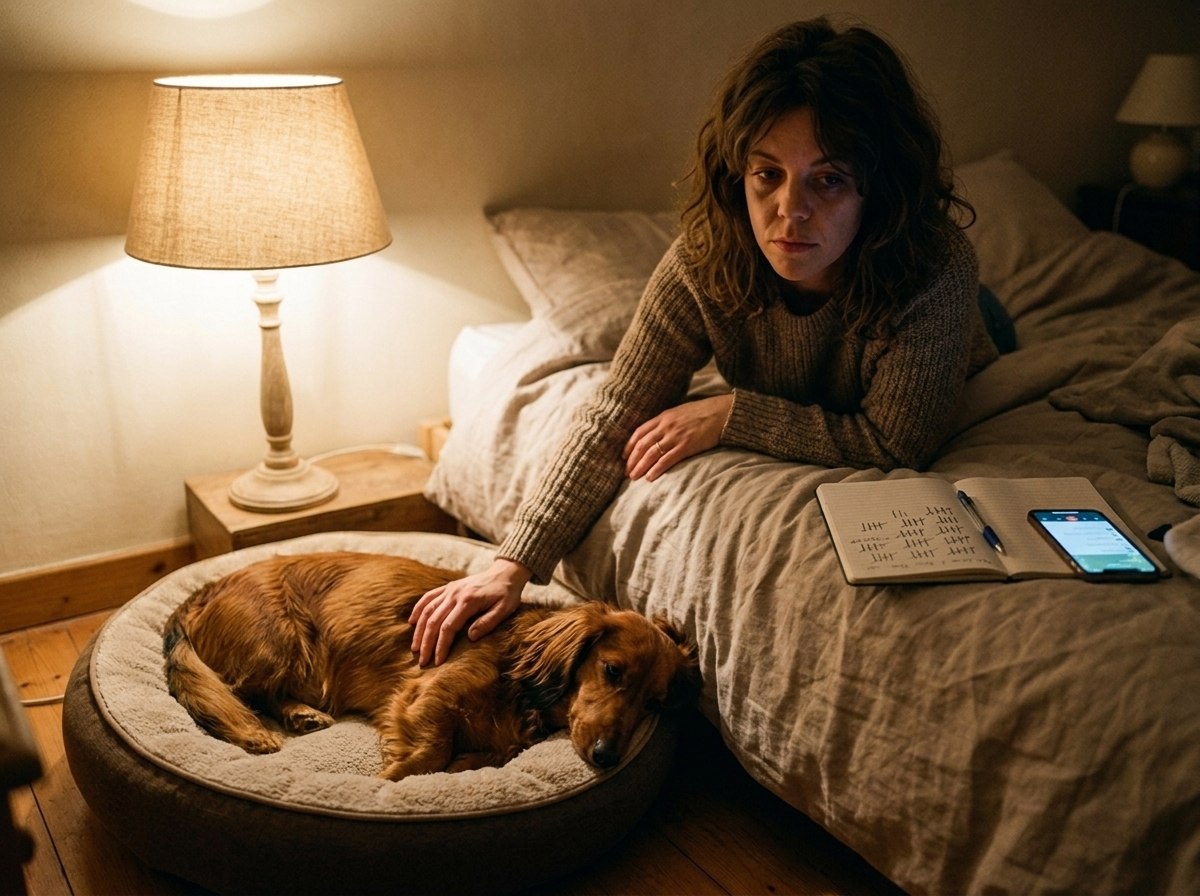 La nuit, une femme veille son teckel endormi, un carnet de chiffres et son téléphone à côté d'elle