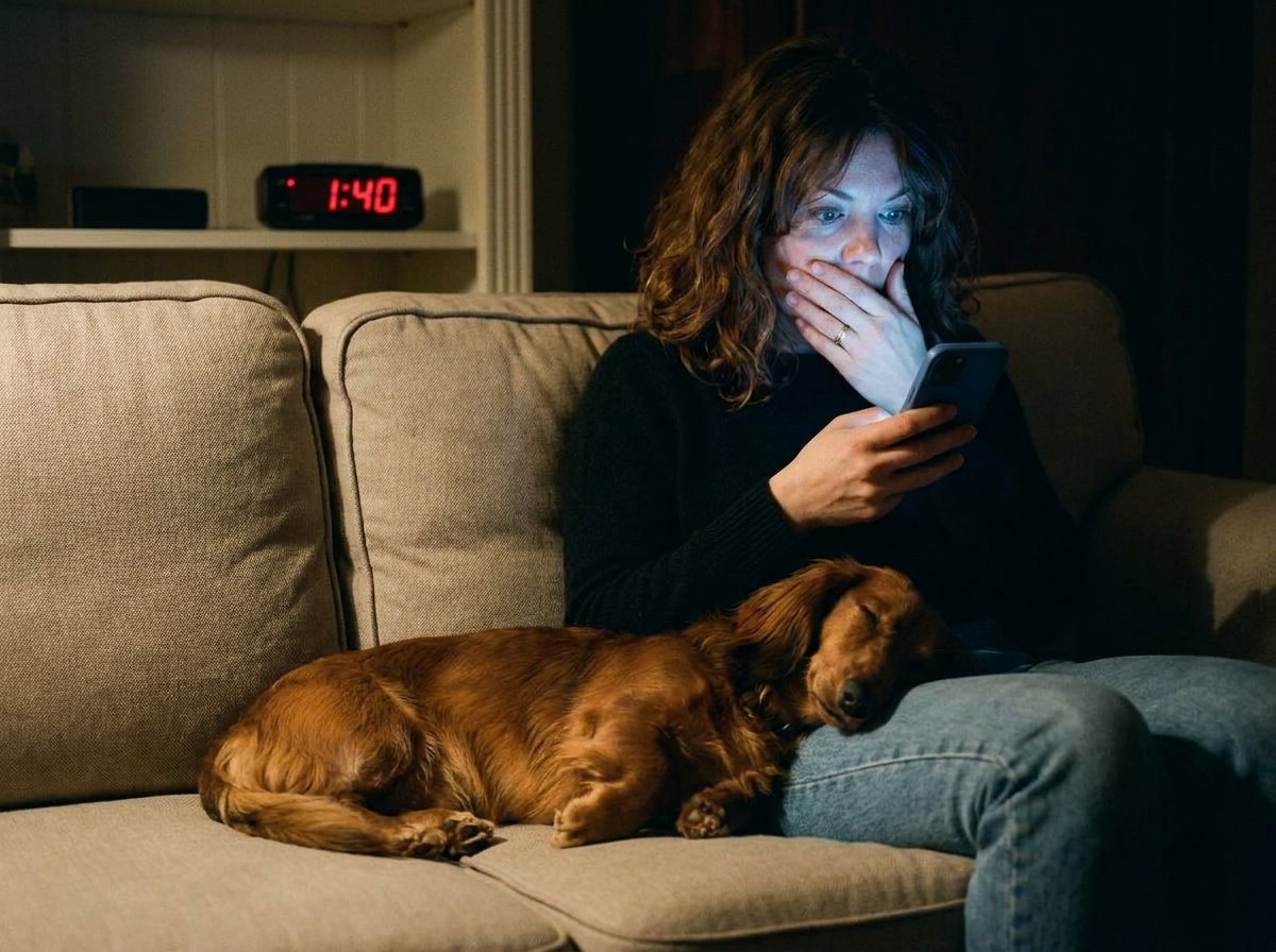 Une femme découvre quelque chose sur son téléphone à 1h40 du matin, son teckel endormi contre elle