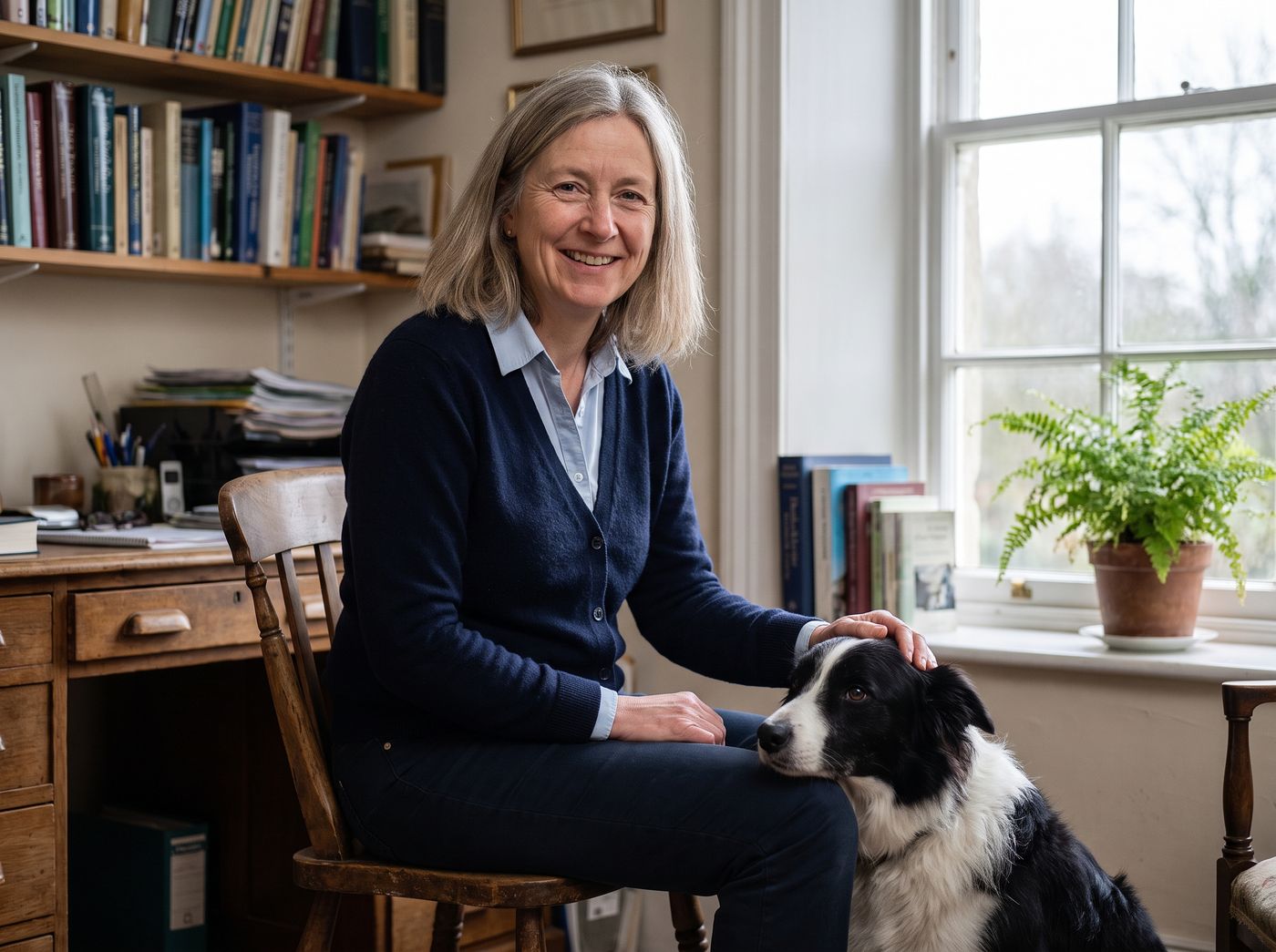 Dr. Eleanor Vance with her Border Collie in her consulting room.