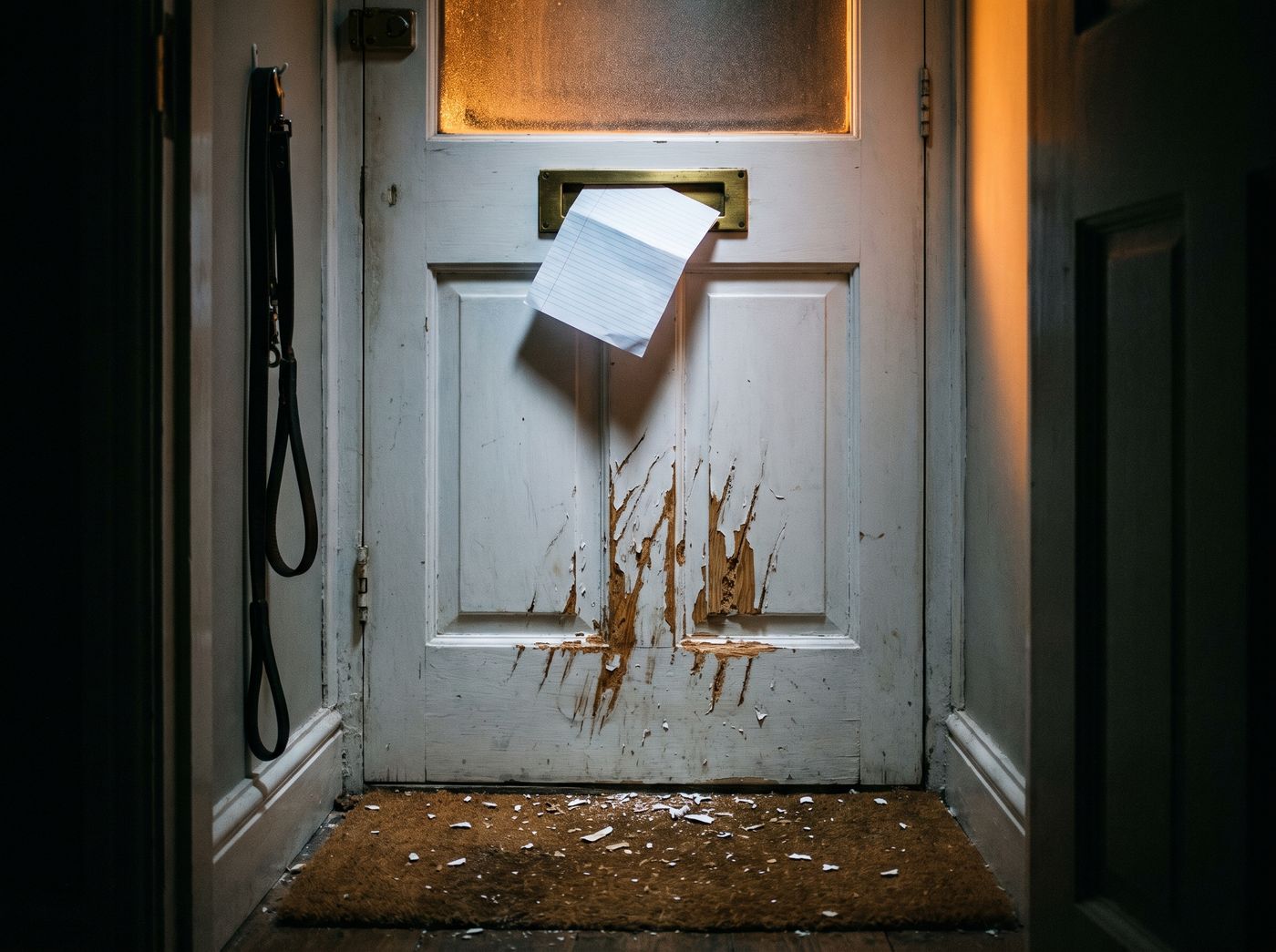 Bramble by the front door, minutes after it closed. Illustrative.