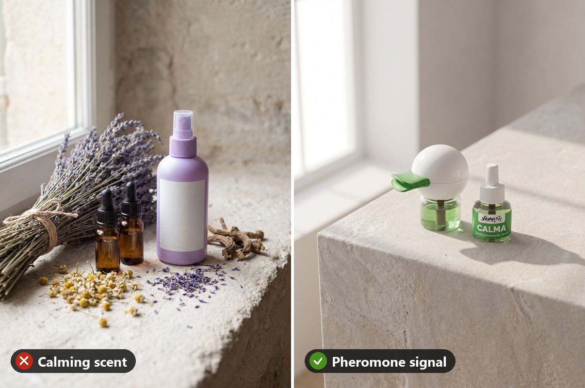 Lavender, essential oils and a calming spray next to the Vitalys Calma diffuser and refill