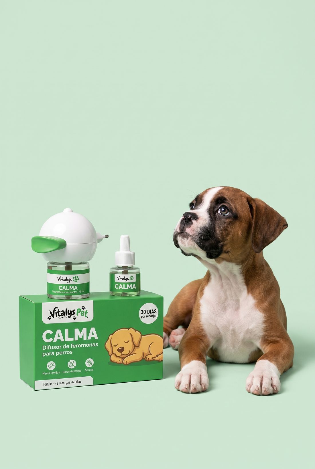 Cachorro tumbado junto al kit Vitalys Calma