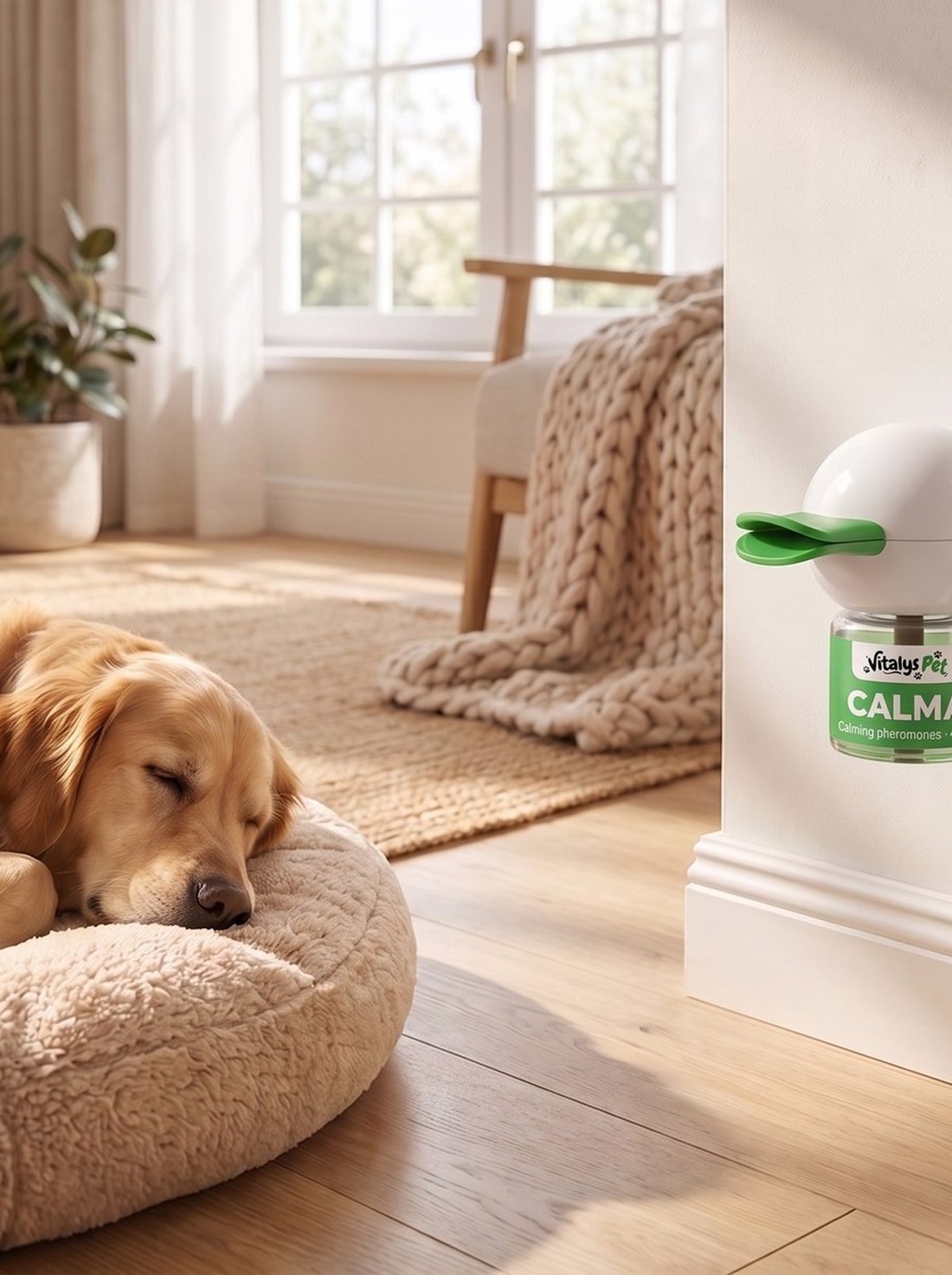 Dog relaxing near the Vitalys Calma plug-in diffuser