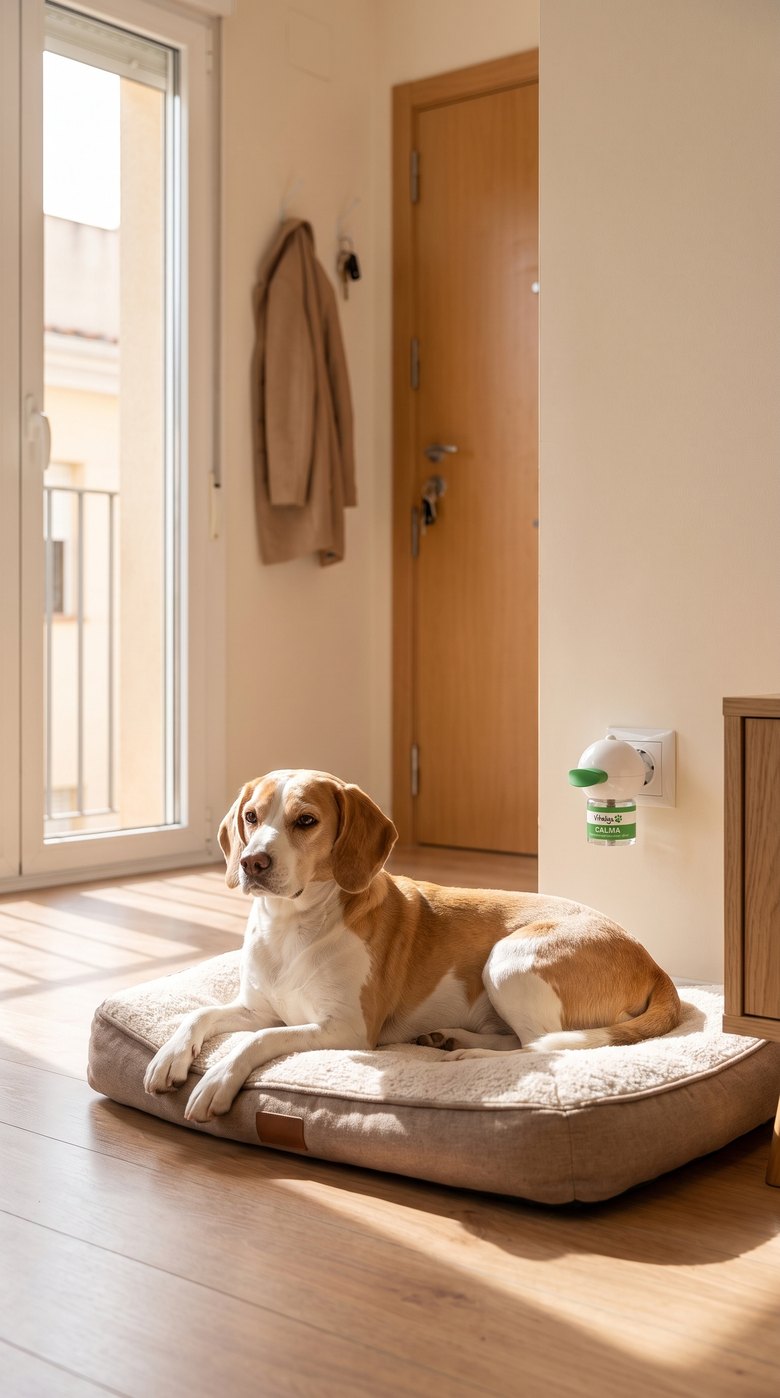 Calm adult dog on its bed next to the Vitalys Calma plug-in diffuser, with the front door in the background
