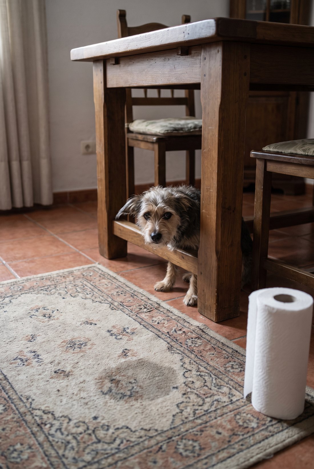 Perro escondido debajo de la mesa junto a una mancha en la alfombra