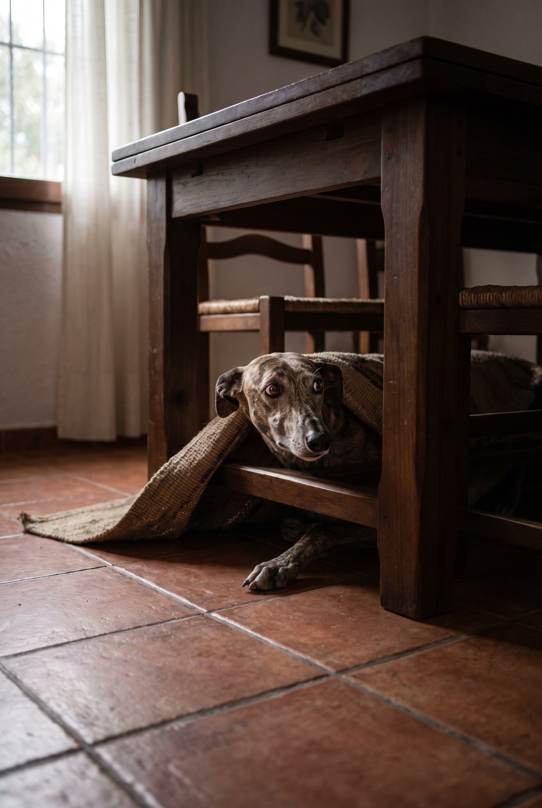 Galgo adoptado escondido debajo de la mesa