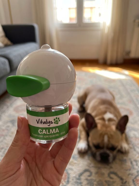 Difusor Vitalys Calma en la mano con un perro tranquilo al fondo