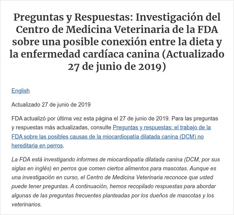 Página de la FDA en español sobre dieta y enfermedad cardíaca canina