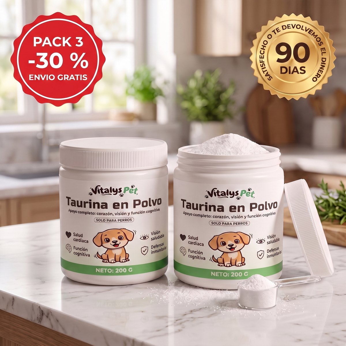 Dos frascos de Vitalys Taurina con el sello de garantía de 90 días