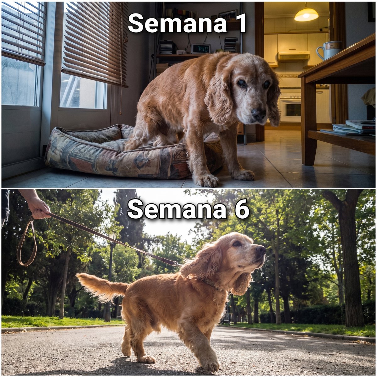 Semana 1 y semana 6: el mismo cocker levantándose y tirando de la correa