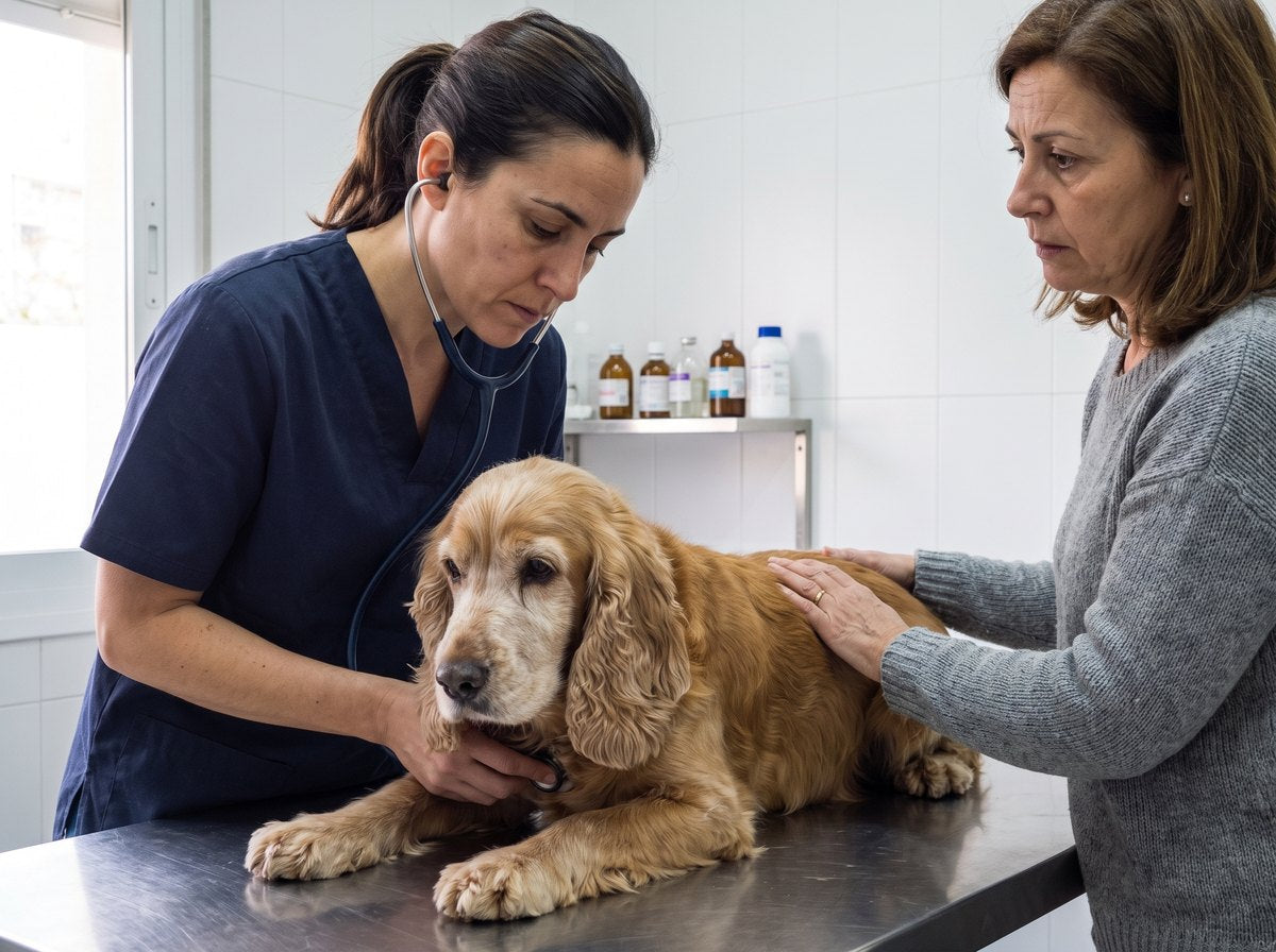 Veterinaria auscultando el corazón de un cocker senior